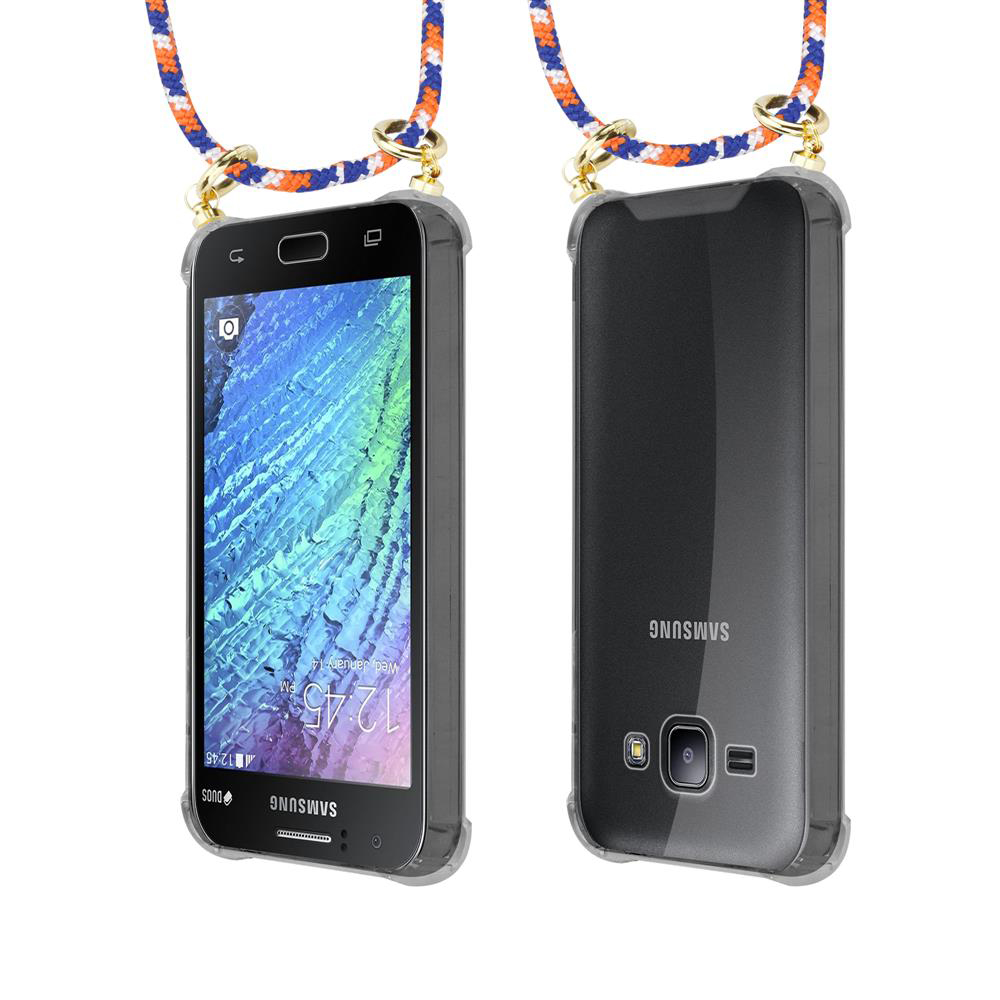 Uno smartphone con cordino blu e arancione, fronte e retro mostrati.