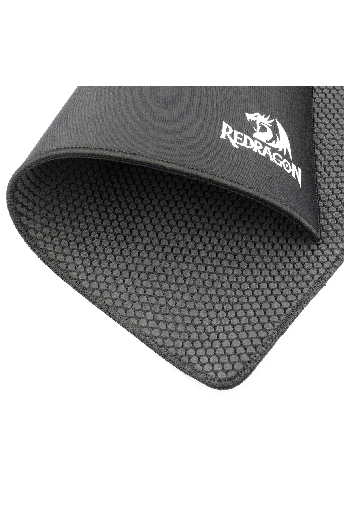 Czarna podkładka pod mysz z logo czerwonego smoka i wzorem plastra miodu.