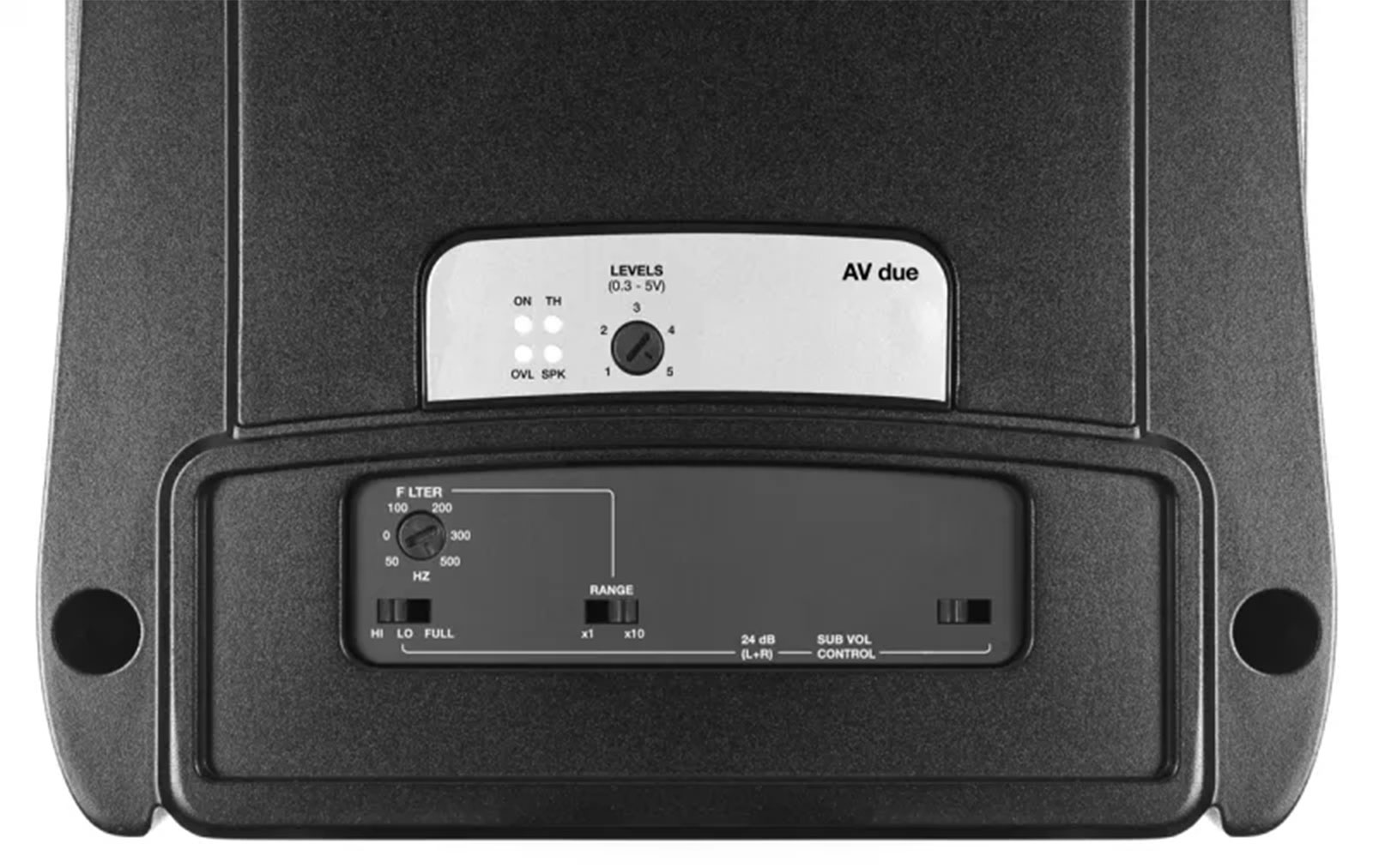 Schwarzes Audiogerät mit Reglern für Filter, Reichweite und Lautstärke.