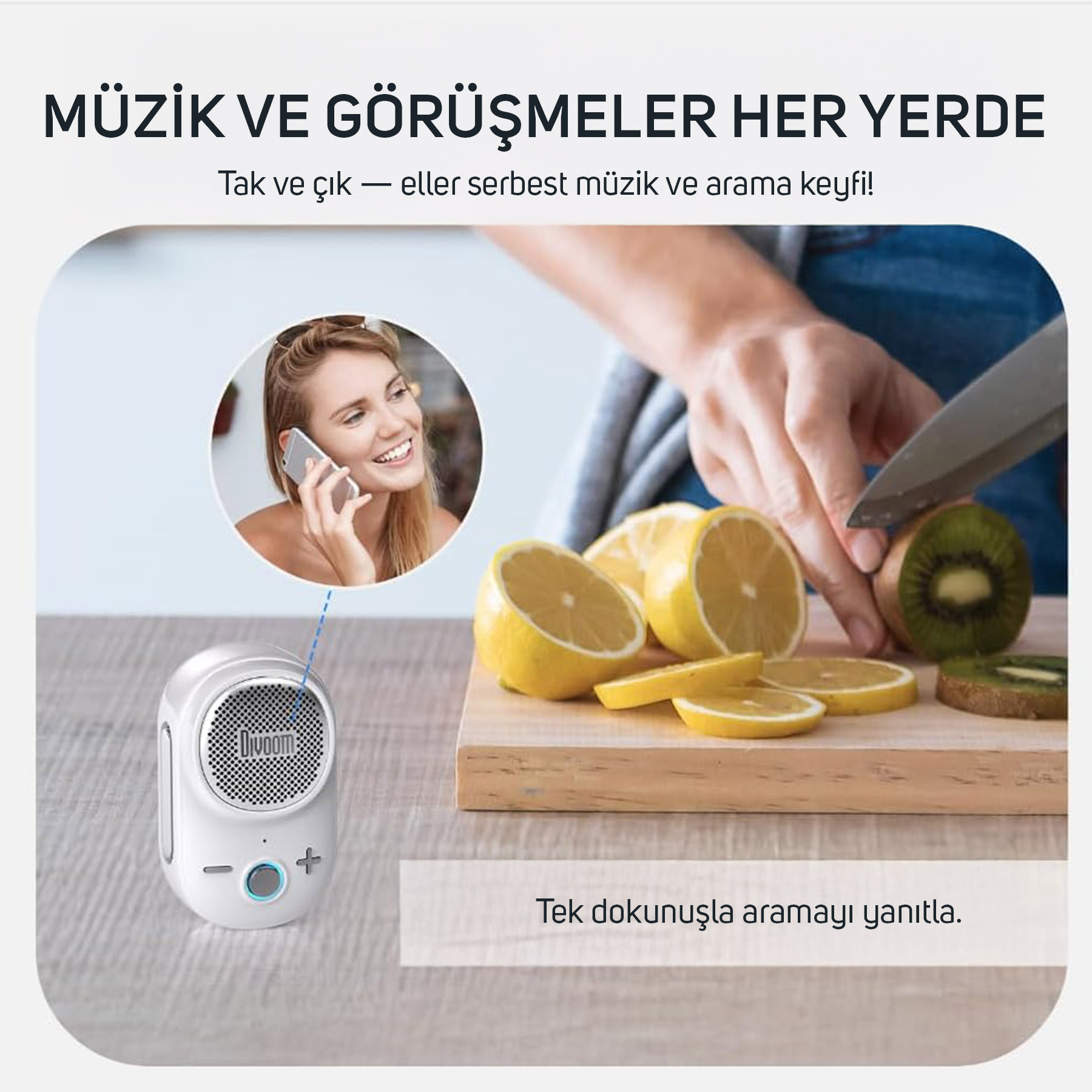 Kesilmiş limon ve kivi yanında beyaz bir hoparlör.