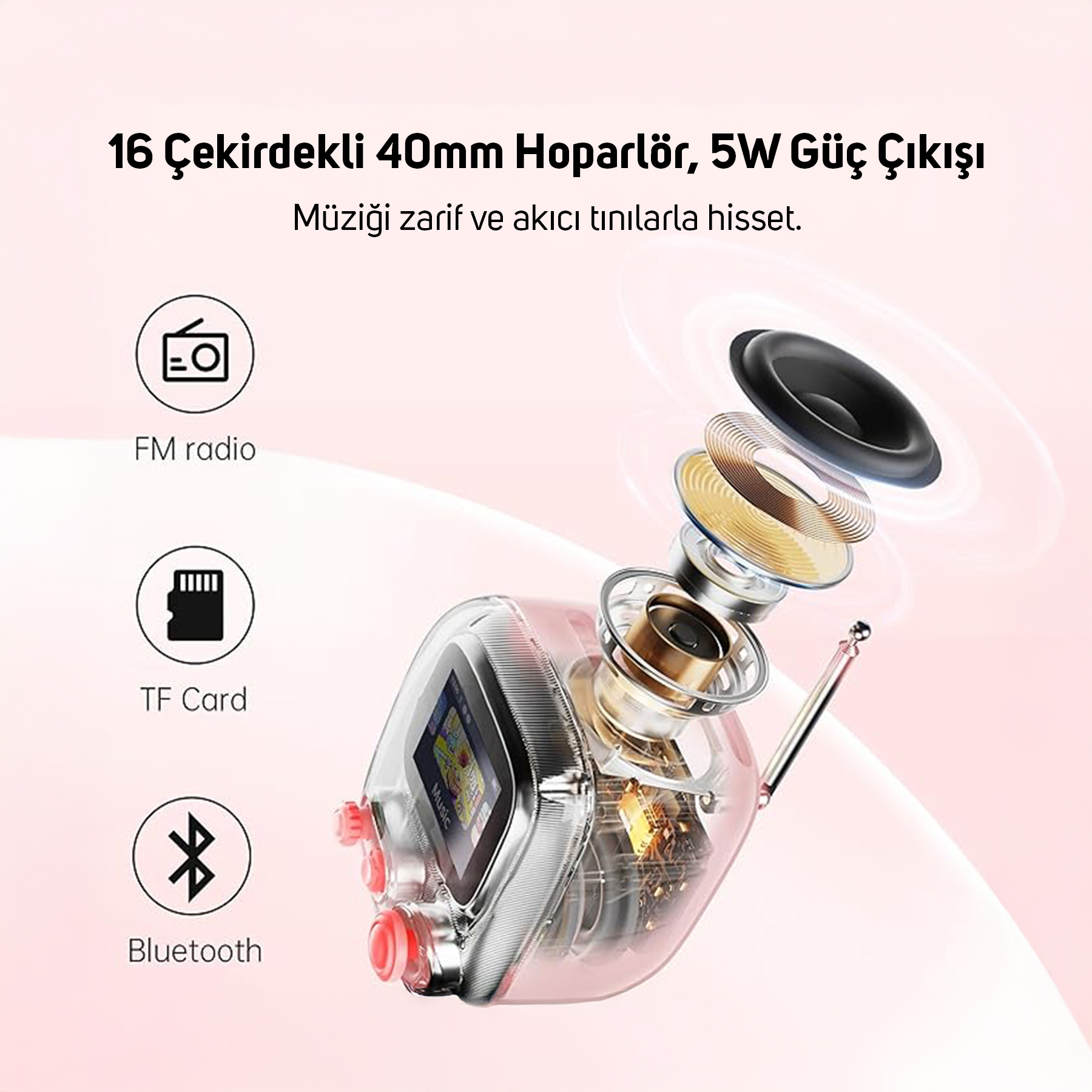 40mm sürücülü, 5W, FM radyo, TF kart, Bluetooth özellikli şeffaf hoparlör.