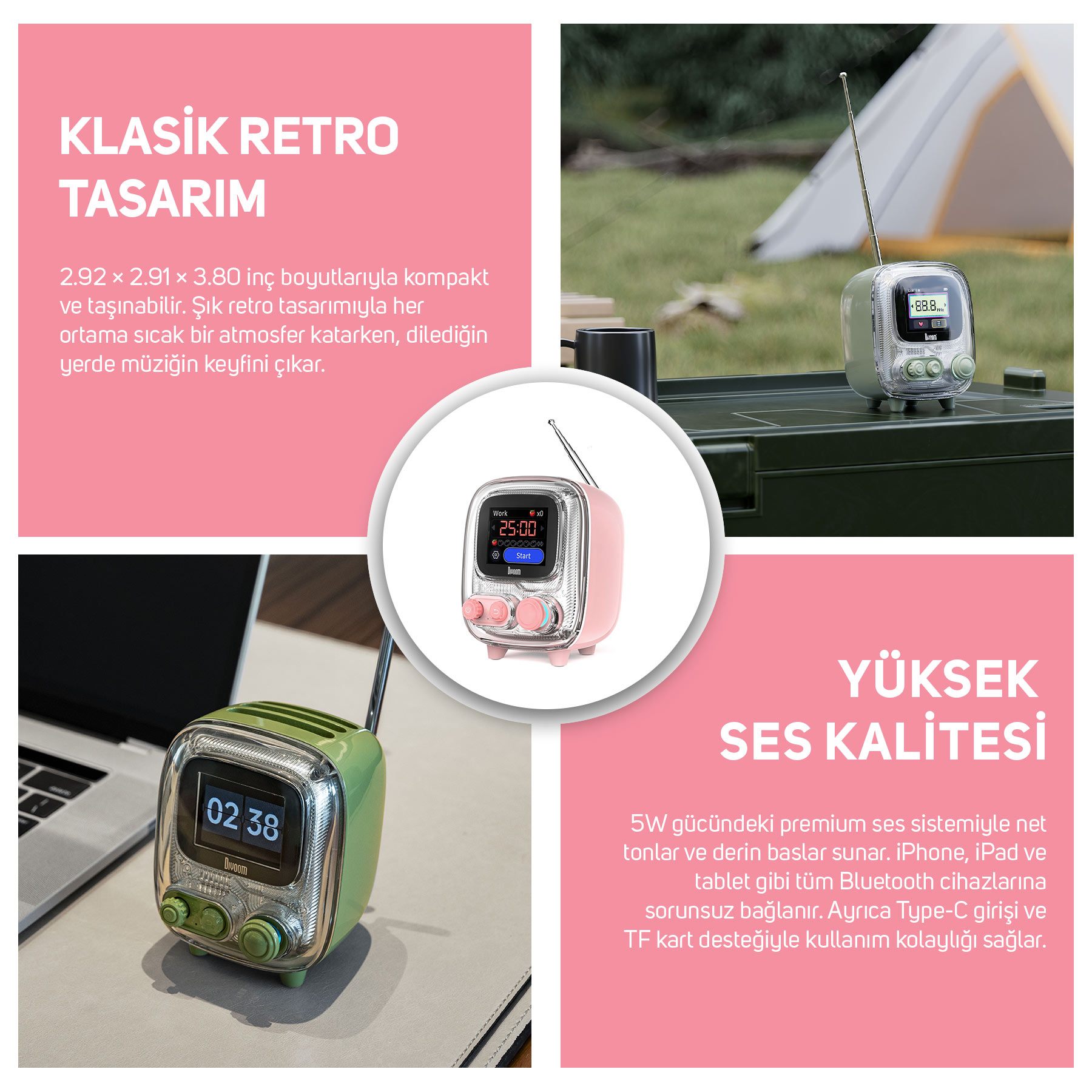 Pembe ve yeşil retro TV şeklinde hoparlörler, yan yana. Dış mekan.