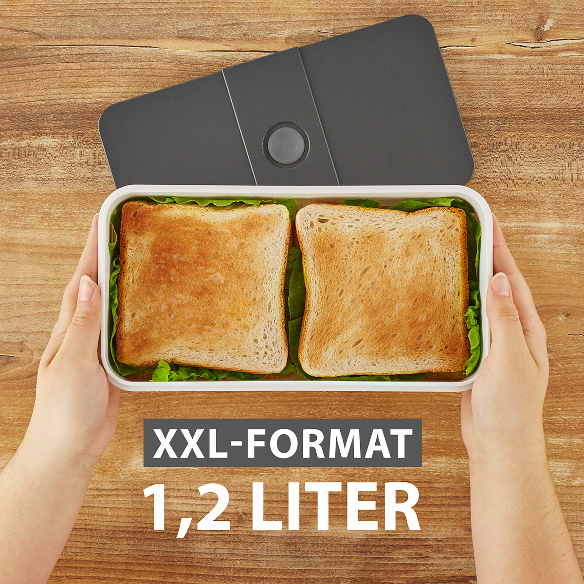 Ein rechteckiger Behälter mit zwei Sandwiches auf Salatblättern, von Händen gehalten.