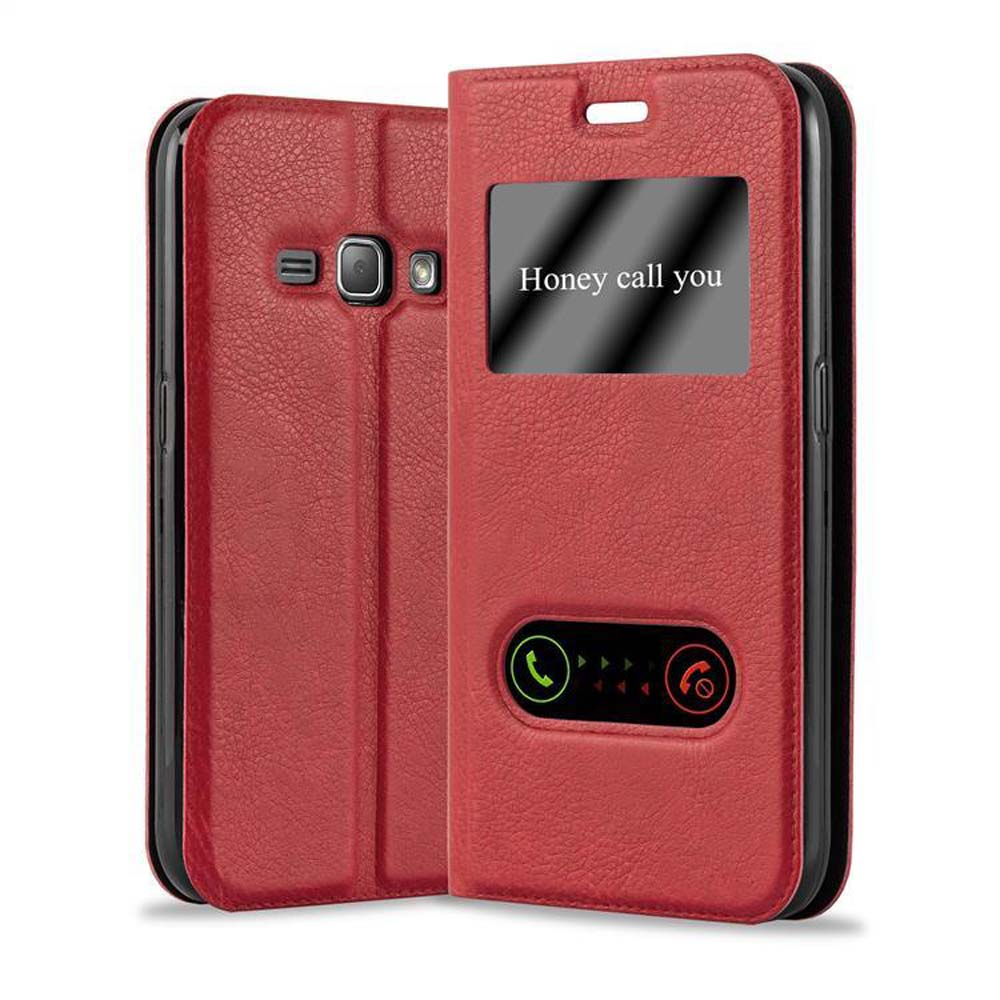 Funda roja para teléfono con ventana que muestra llamada entrante.