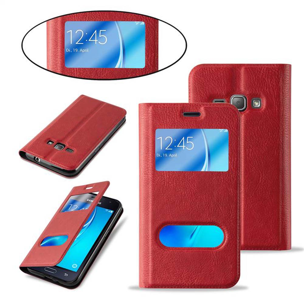 Funda roja para teléfono con ventana y hora 12:45.