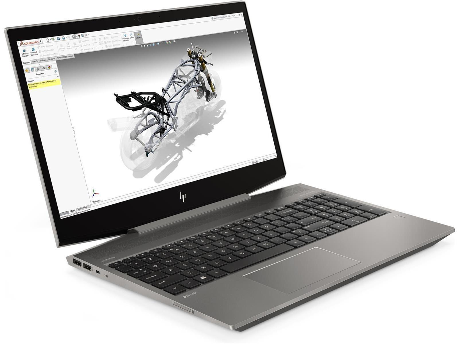 Ein graues HP ZBook Laptop mit einer 3D-Motorradzeichnung auf dem Bildschirm.
