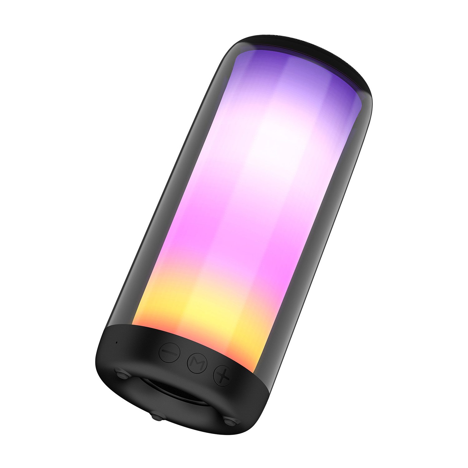 Czarny głośnik z kolorowym światłem w kolorze fioletowym i żółtym.