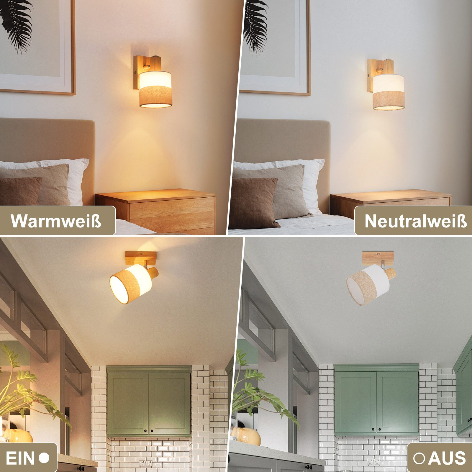 Quattro immagini mostrano una lampada con illuminazione bianco caldo e neutro.