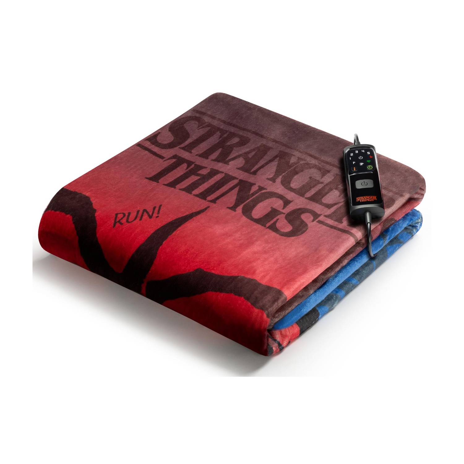 Eine Decke mit dem Aufdruck "Stranger Things" und "RUN!" in Rot und Schwarz.