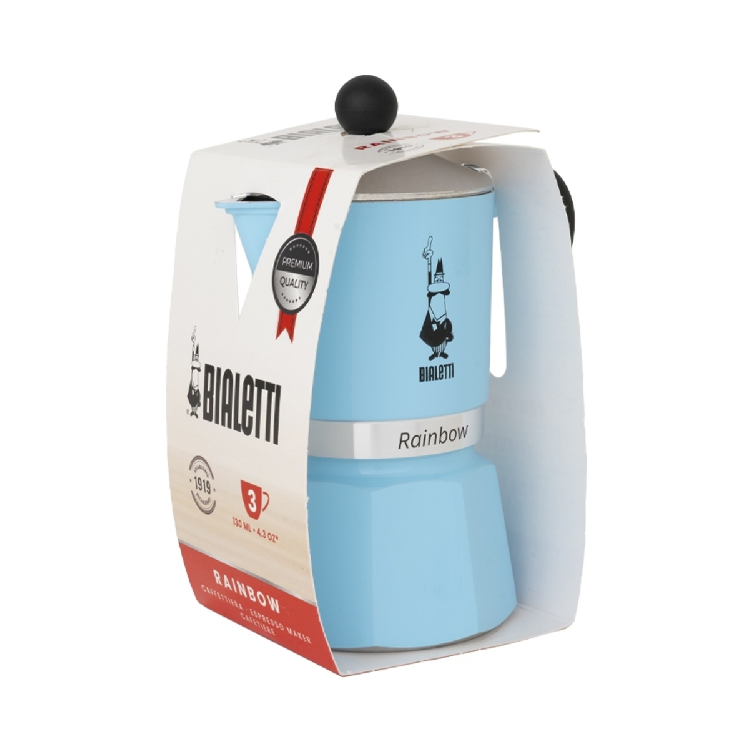 Eine hellblaue Bialetti Espressokanne mit schwarzem Deckel im Karton.