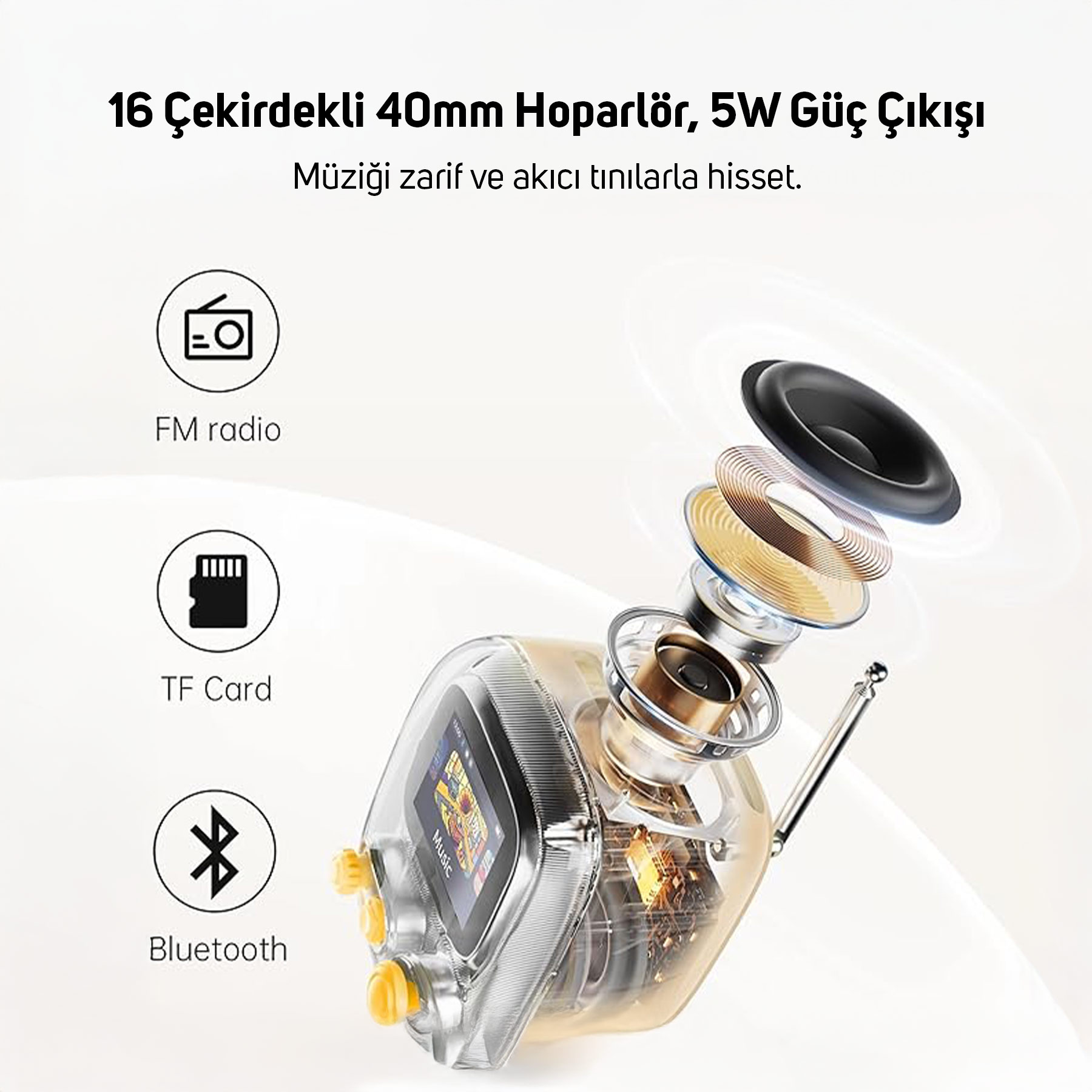 40mm sürücülü şeffaf hoparlör, FM radyo, TF kartı, Bluetooth.