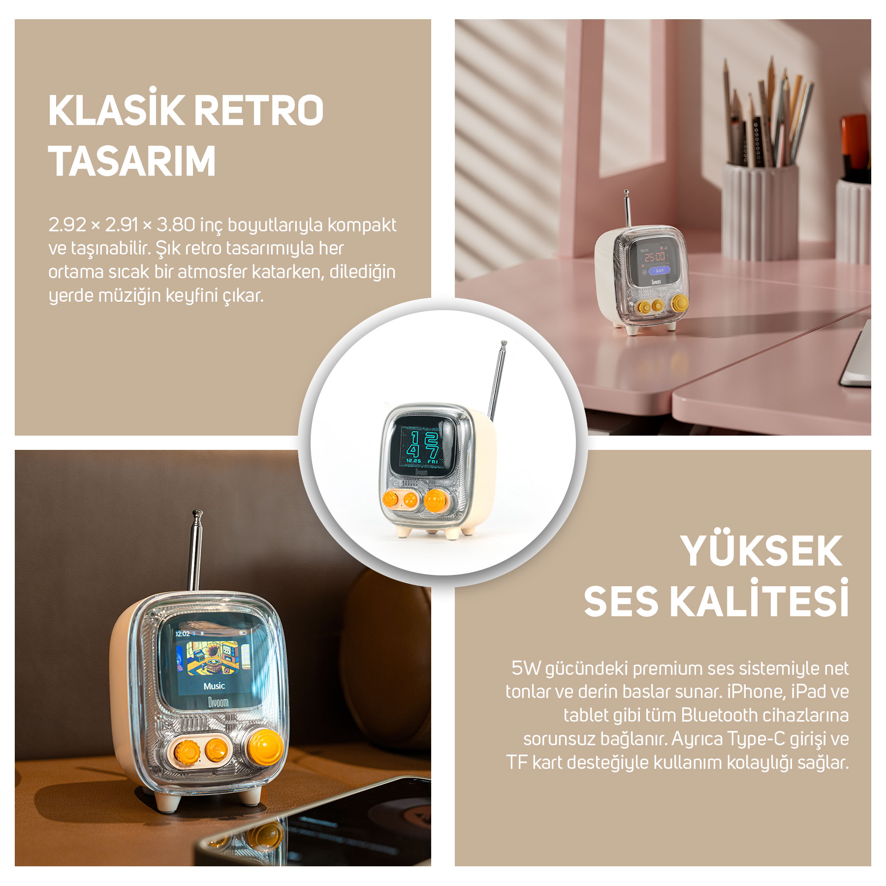 Antenli ve sarı düğmeli, krem rengi retro TV tarzı hoparlör.