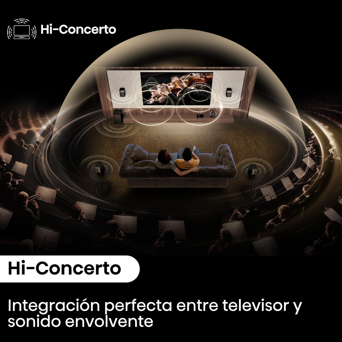 Deux personnes sur un canapé regardent la TV, entourées d'un orchestre et d'ondes sonores.