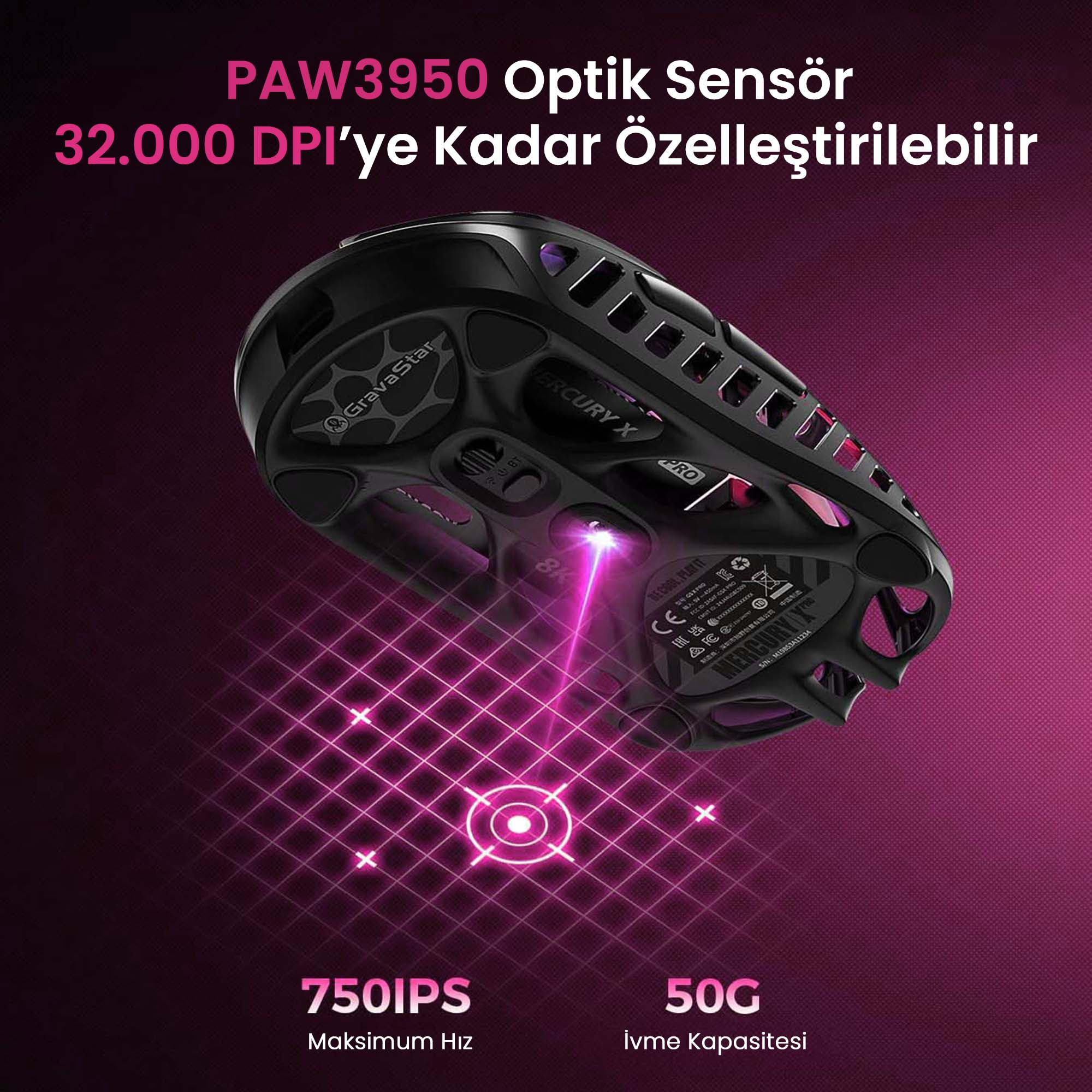 Czarna mysz gamingowa z otworami wentylacyjnymi i różowymi efektami świetlnymi. Tekst pokazuje DPI, IPS i G.