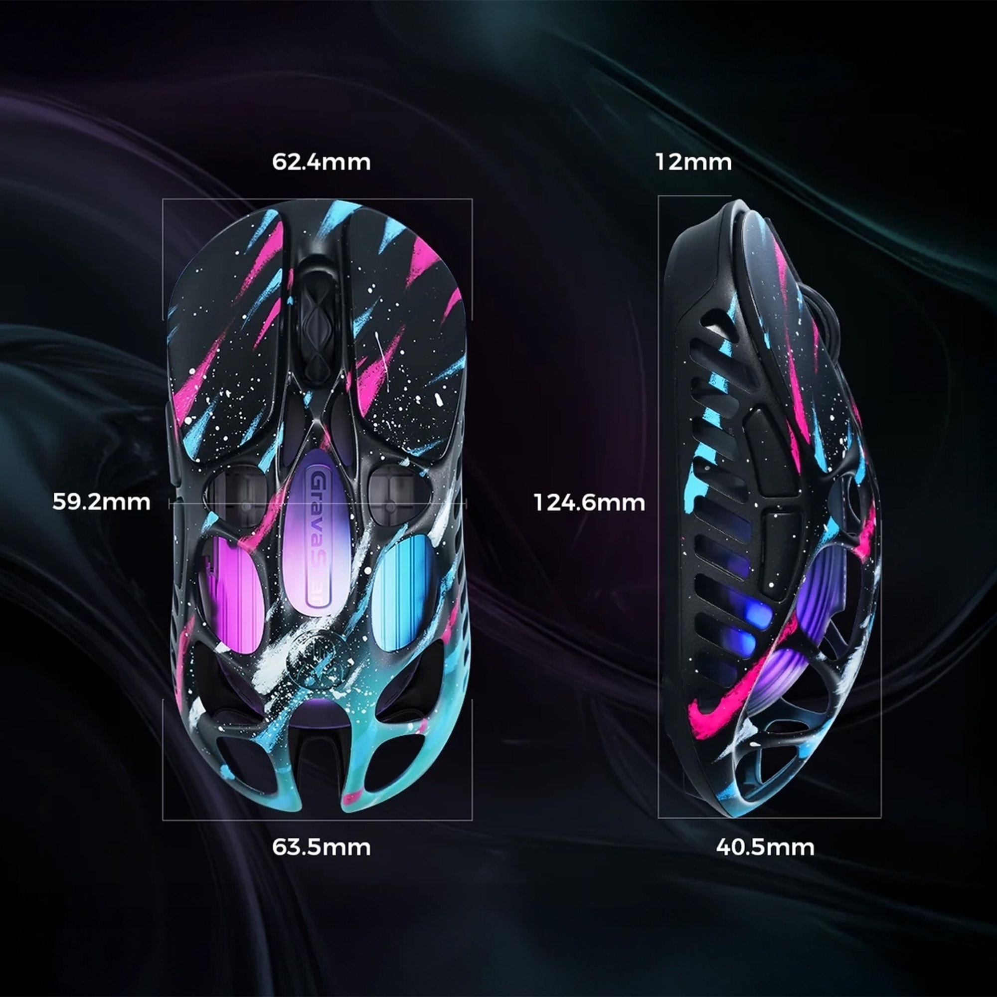 Czarna mysz z motywem różowych i niebieskich plam, podświetlana.