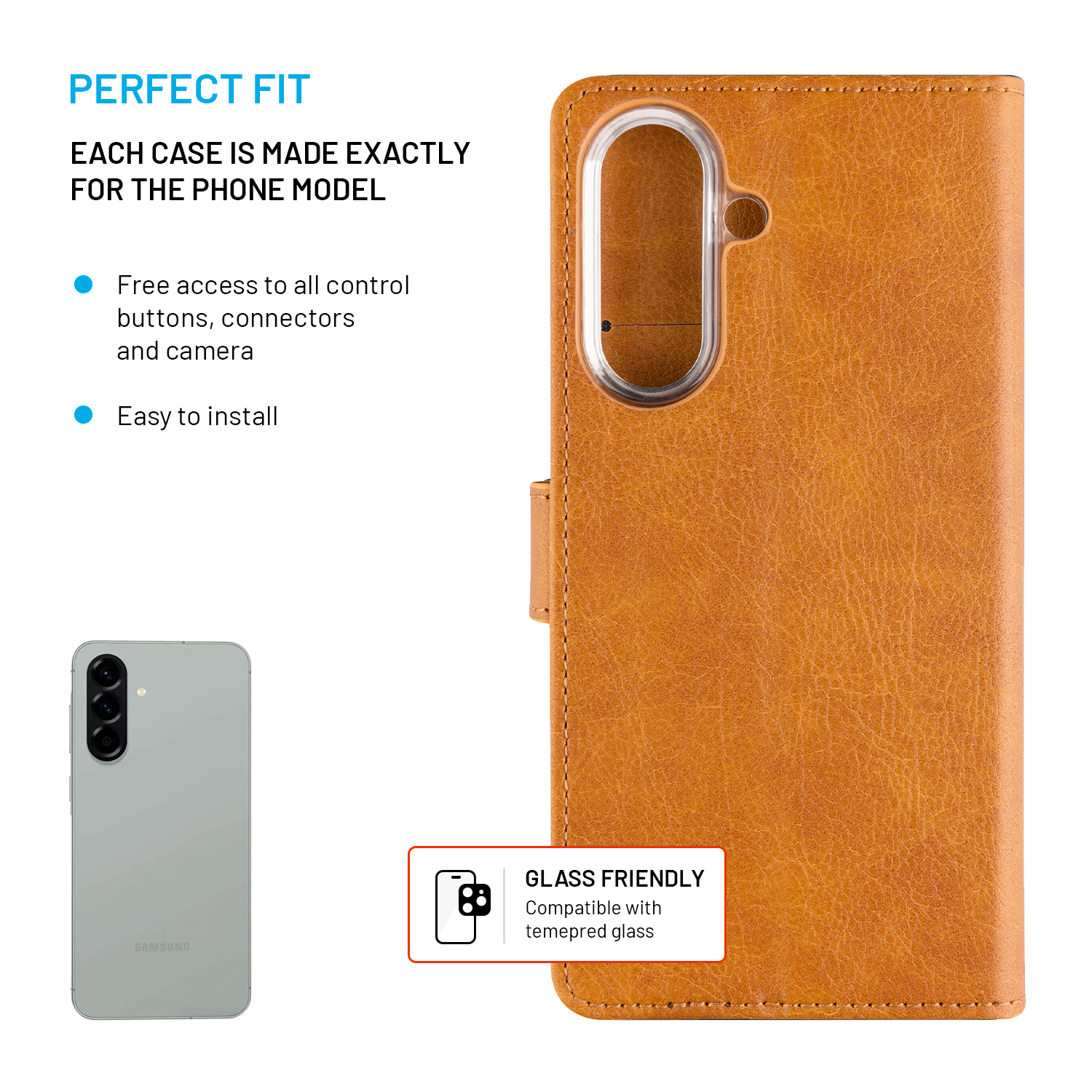 Ein Samsung-Telefon mit einer braunen Lederhülle, die perfekt passt.