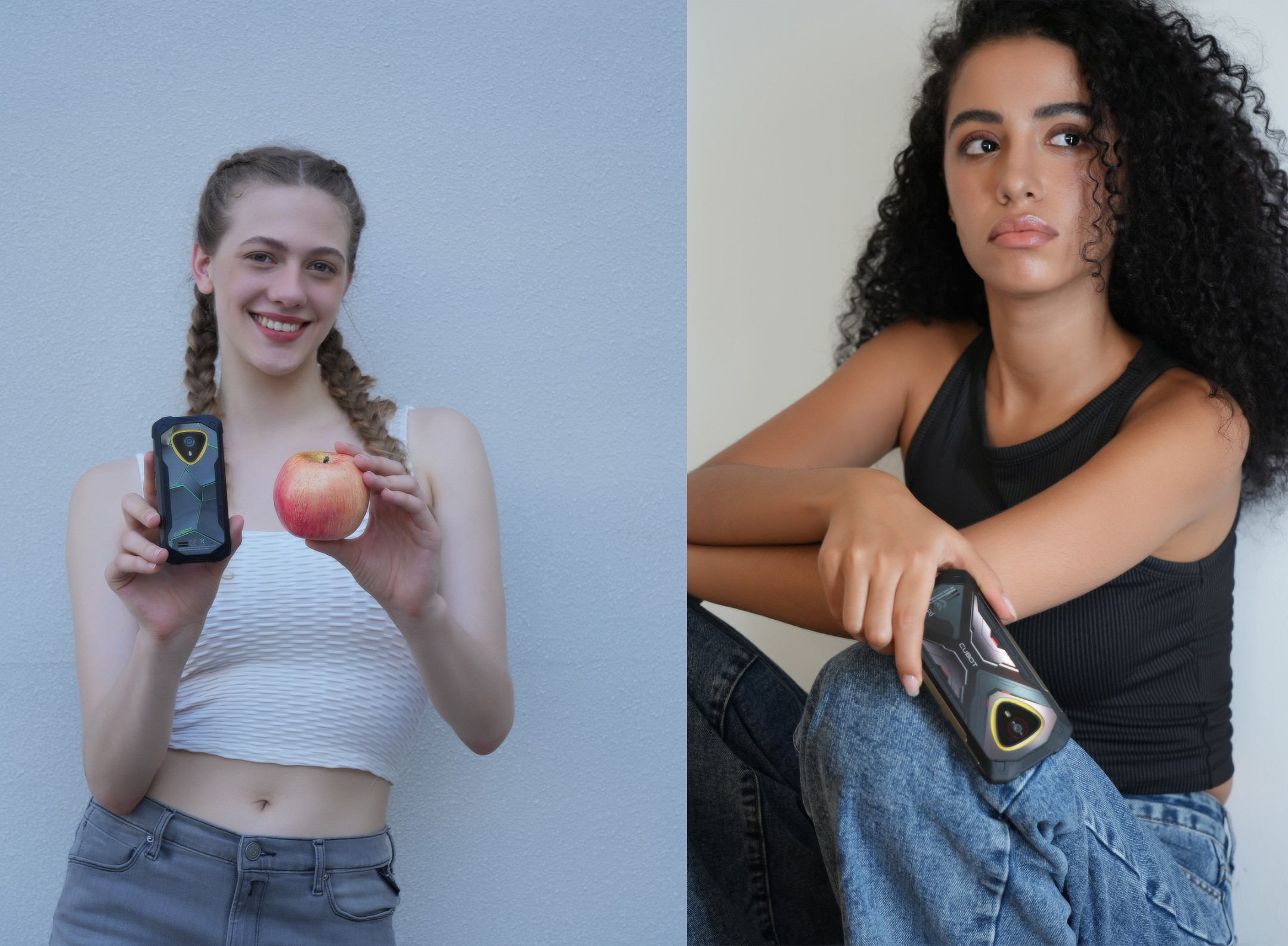 Dwie kobiety trzymają telefon i jabłko na białym tle.