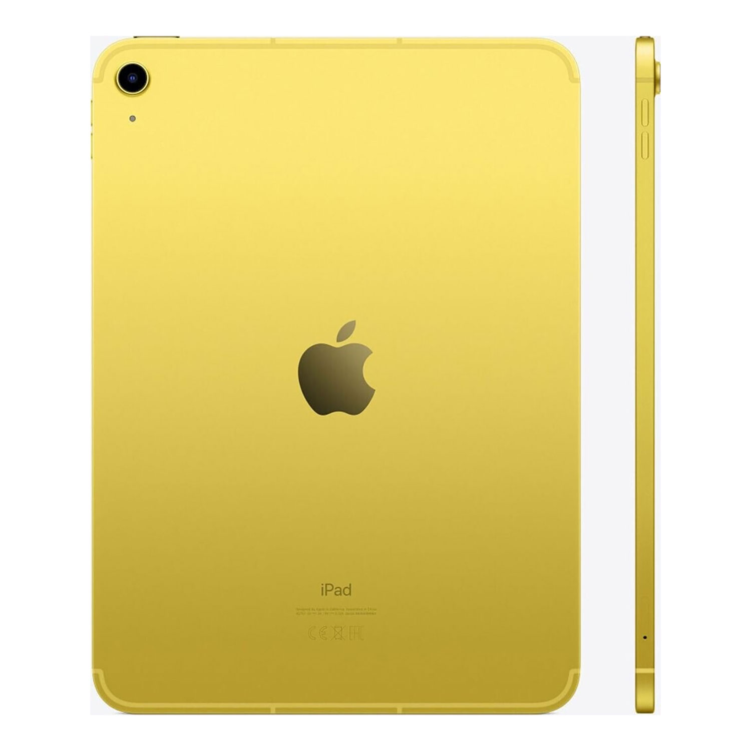 iPad jaune avec logo Apple au dos et vue de profil.