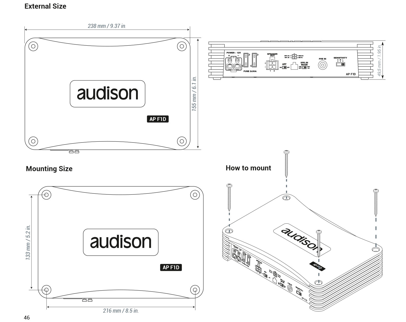 Diagramm zeigt Abmessungen und Montage eines Audison AP F1D Verstärkers.