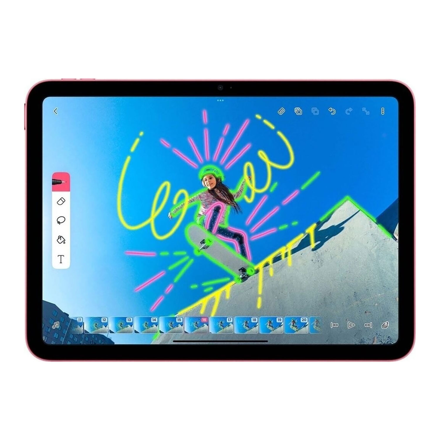Een roze tablet toont een skateboarder die tricks uitvoert met neon-effecten.