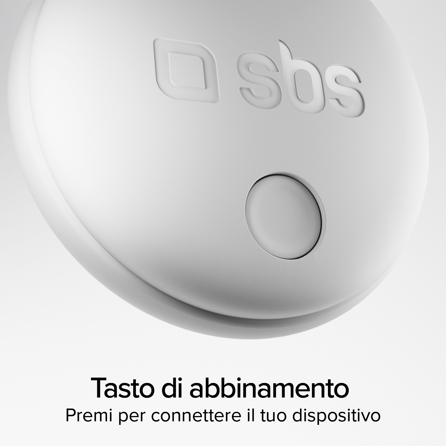 Dispositivo blanco con logo SBS y botón redondo. Pulsar para emparejar.