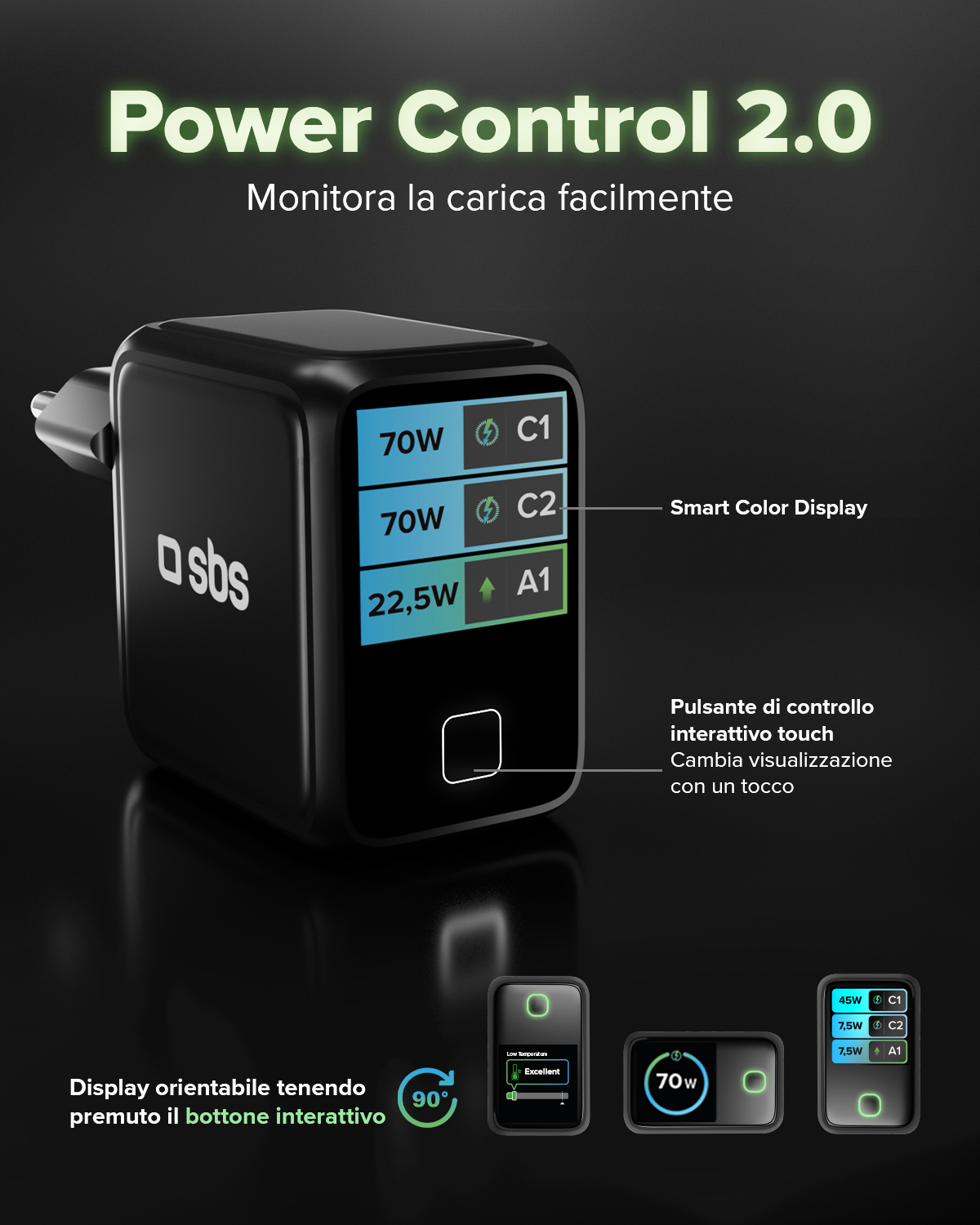 Caricatore nero con display che mostra 70W C1, 70W C2, 22,5W A1.