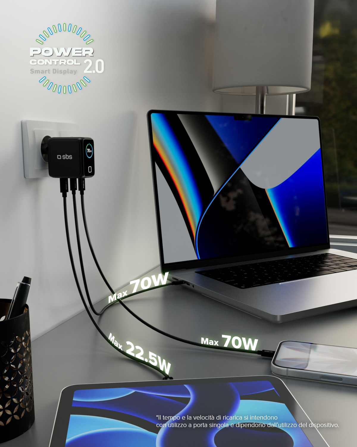 Un caricatore multiport nero alimenta laptop, telefono e tablet. Max 70W.