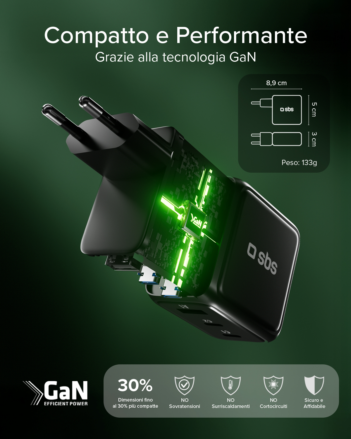 Caricatore GaN nero, 8,9x5x3cm, 133g. Design compatto e performante.