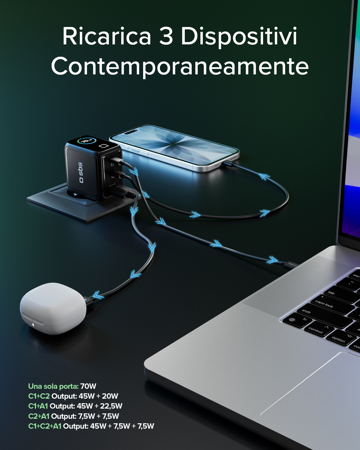 Un adattatore di ricarica nero alimenta uno smartphone e una custodia bianca.
