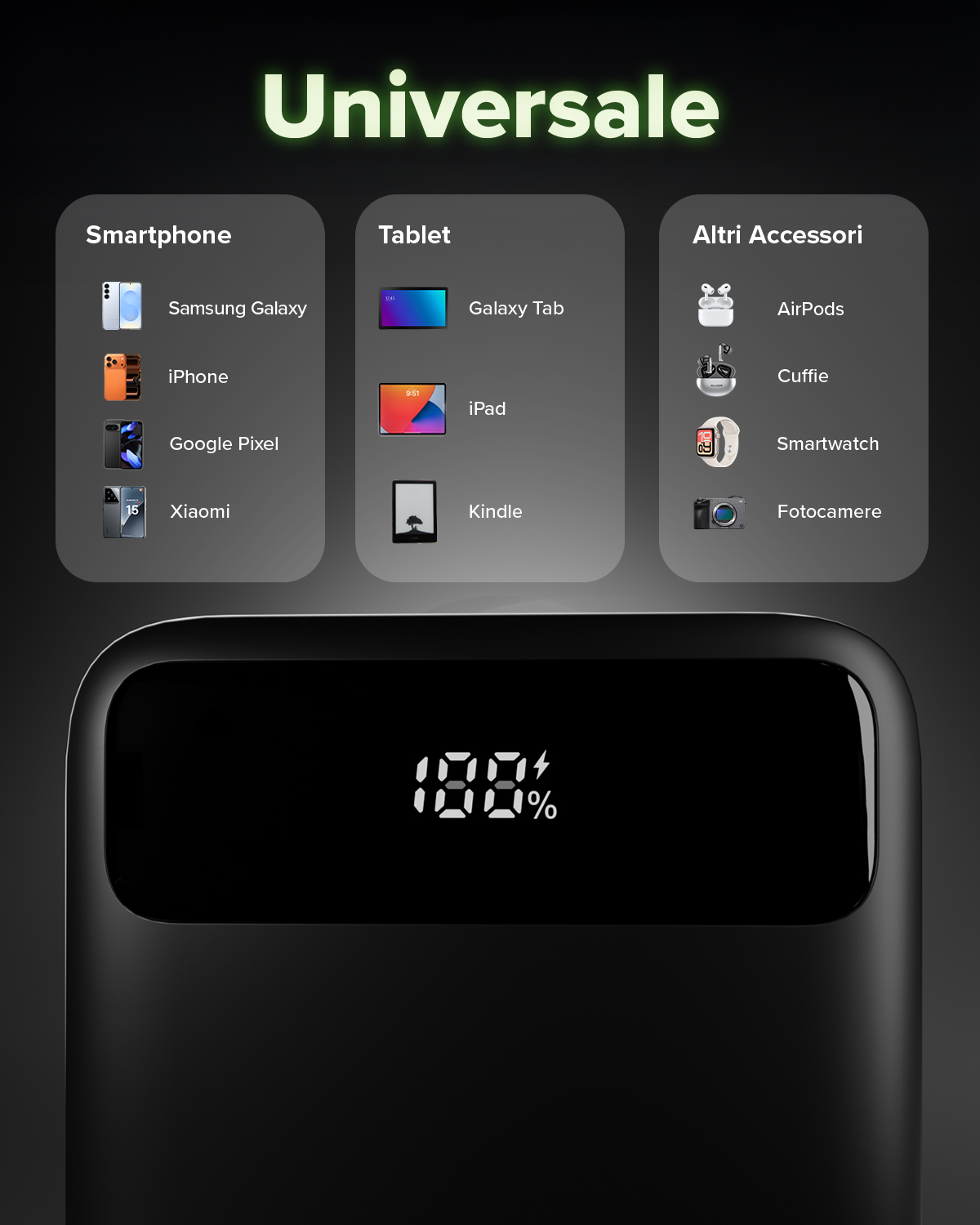 Dispositivi universali: smartphone, tablet, accessori. Power bank con 100%.