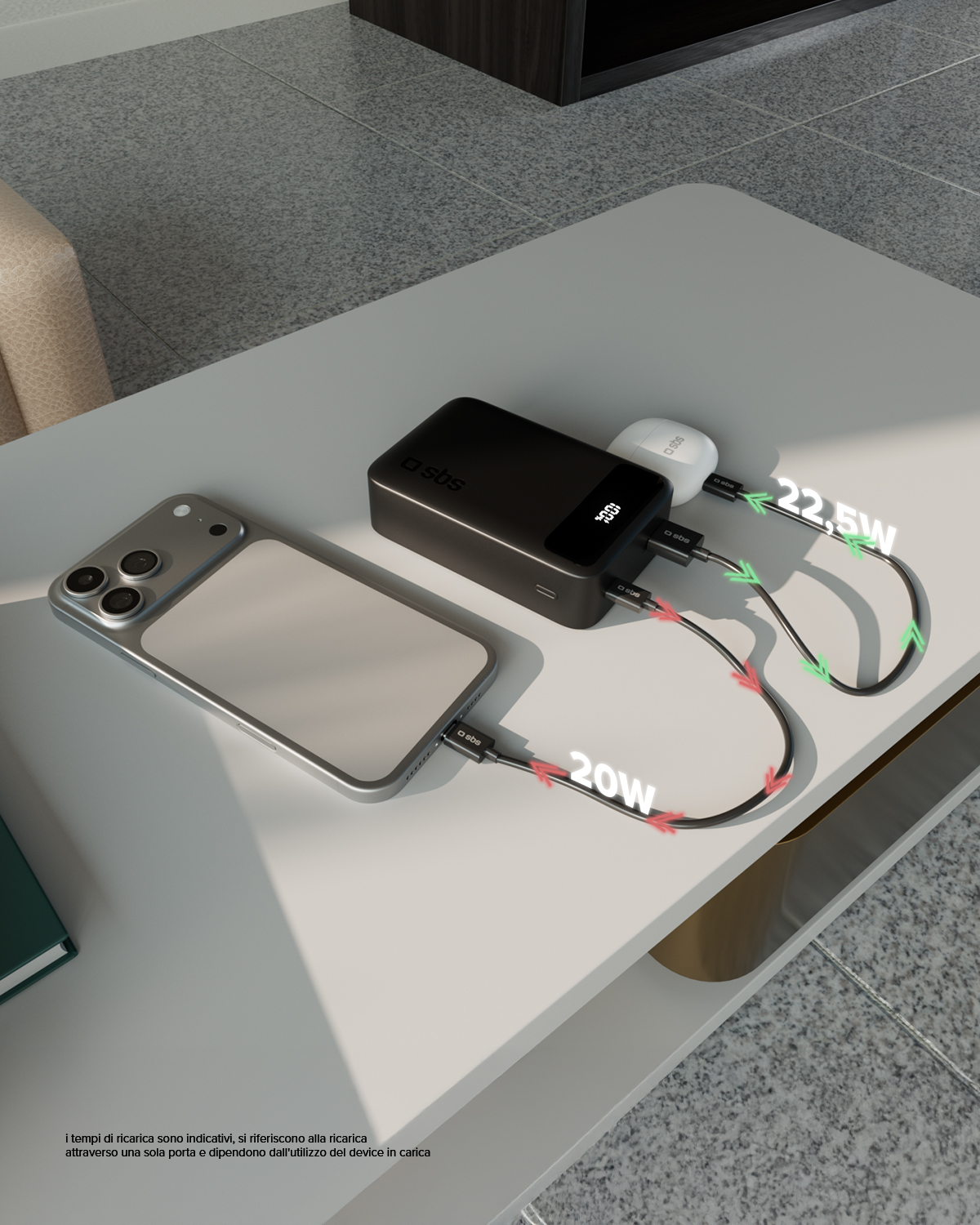 Power bank nera carica smartphone e auricolari. Indicati 20W e 22,5W.