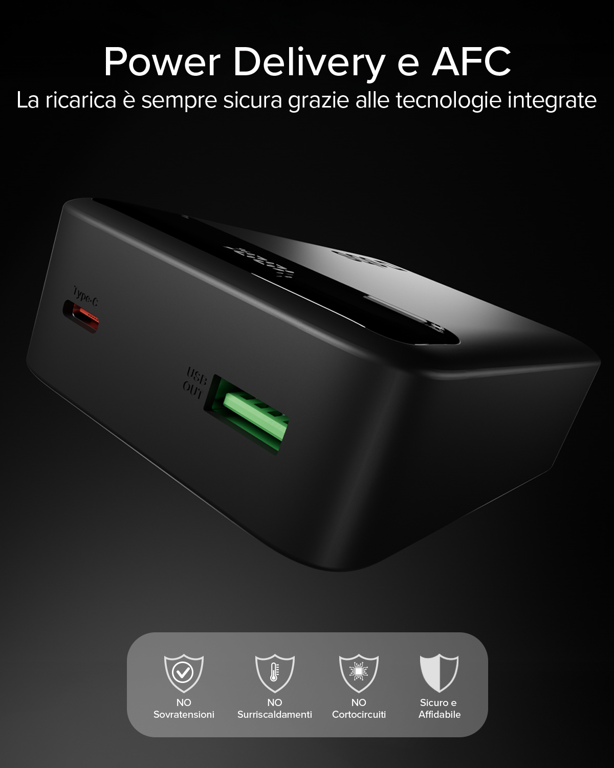 Caricatore nero con porte USB-C e USB-A. Icone di sicurezza in basso.