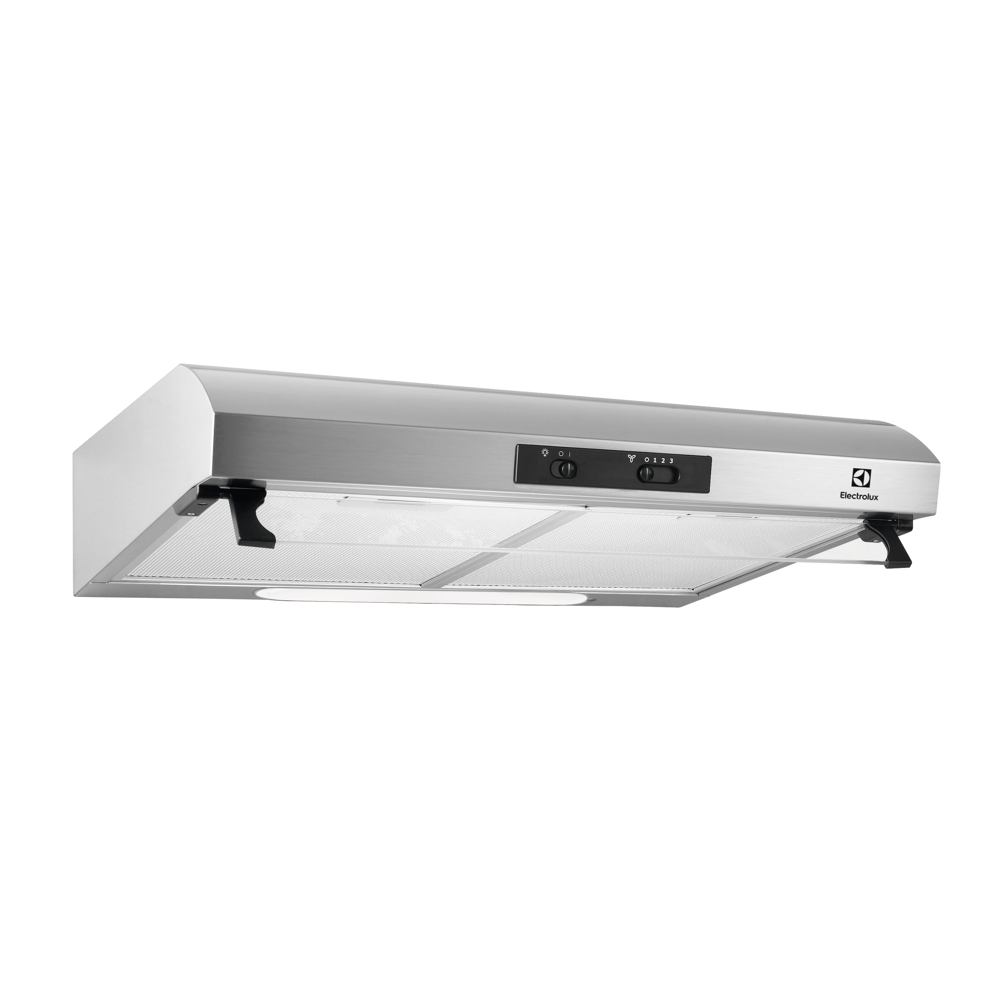 Campana extractora de acero inoxidable con controles e iluminación.