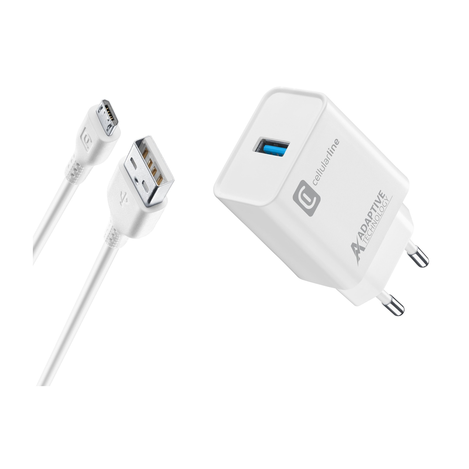Un caricatore USB bianco e un cavo Micro-USB bianco su sfondo bianco.