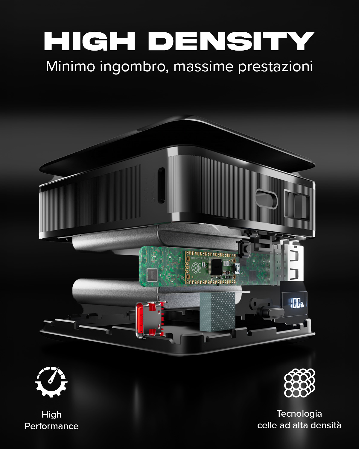 Vista esplosa di un dispositivo nero con circuito stampato verde e display 100%.