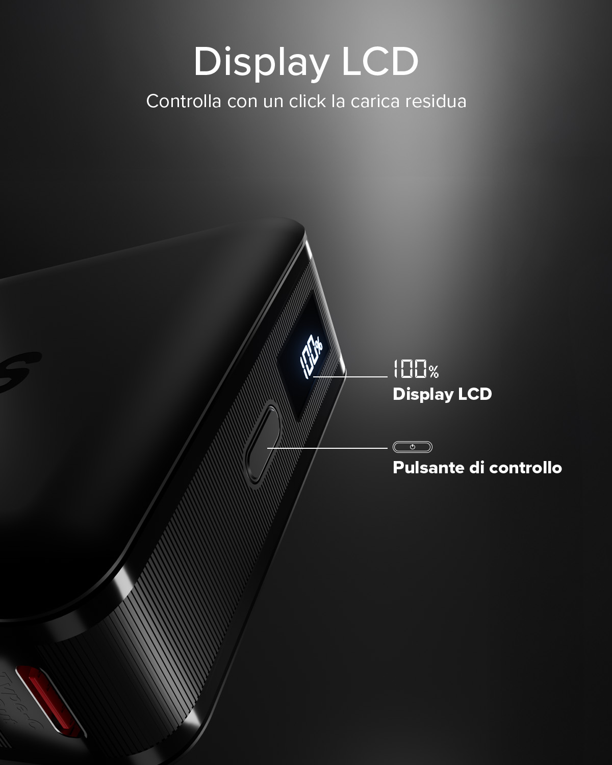 Power bank nera con display LCD al 100% e pulsante di controllo.