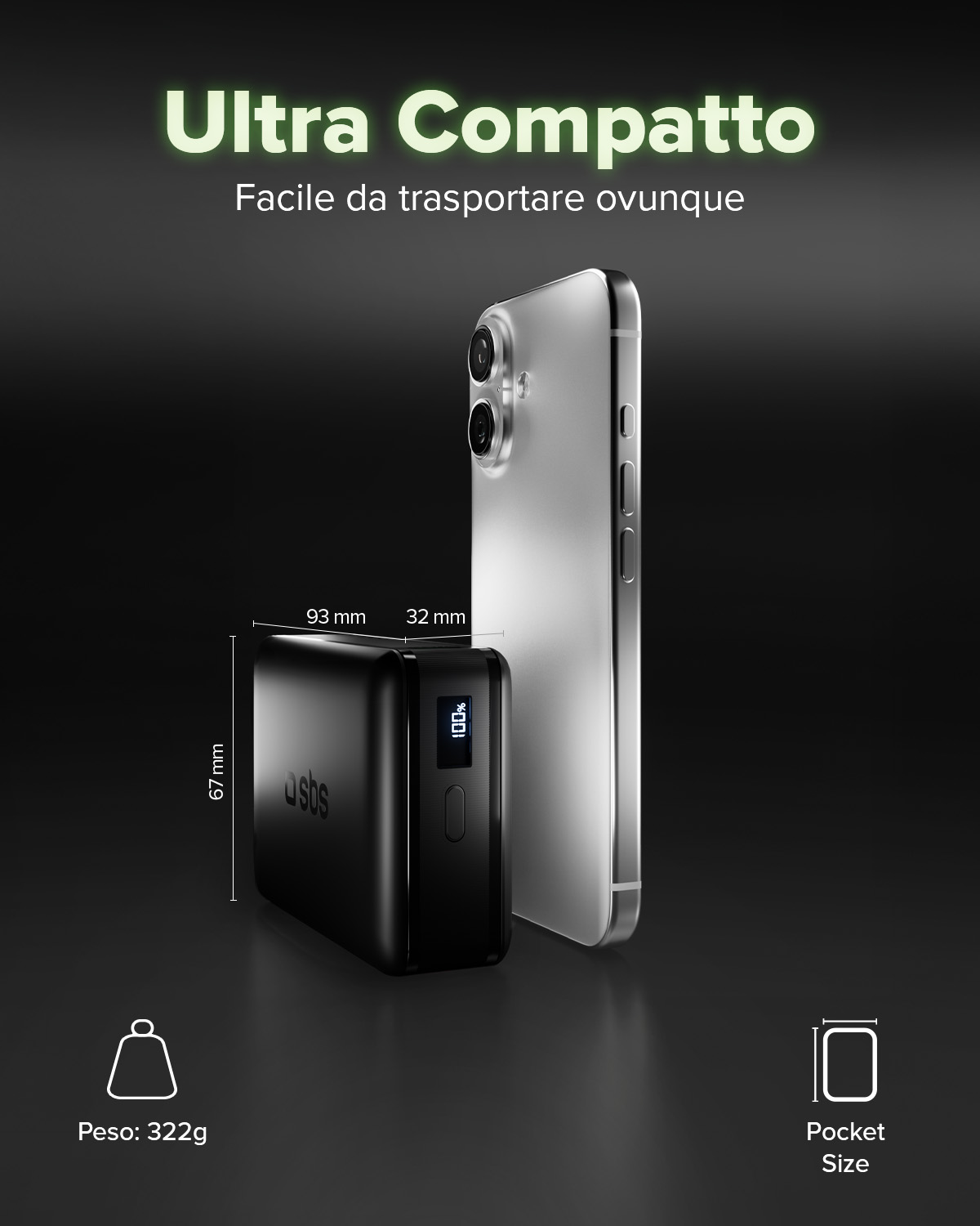 Powerbank nera accanto a smartphone argentato. Dimensioni e peso mostrati.