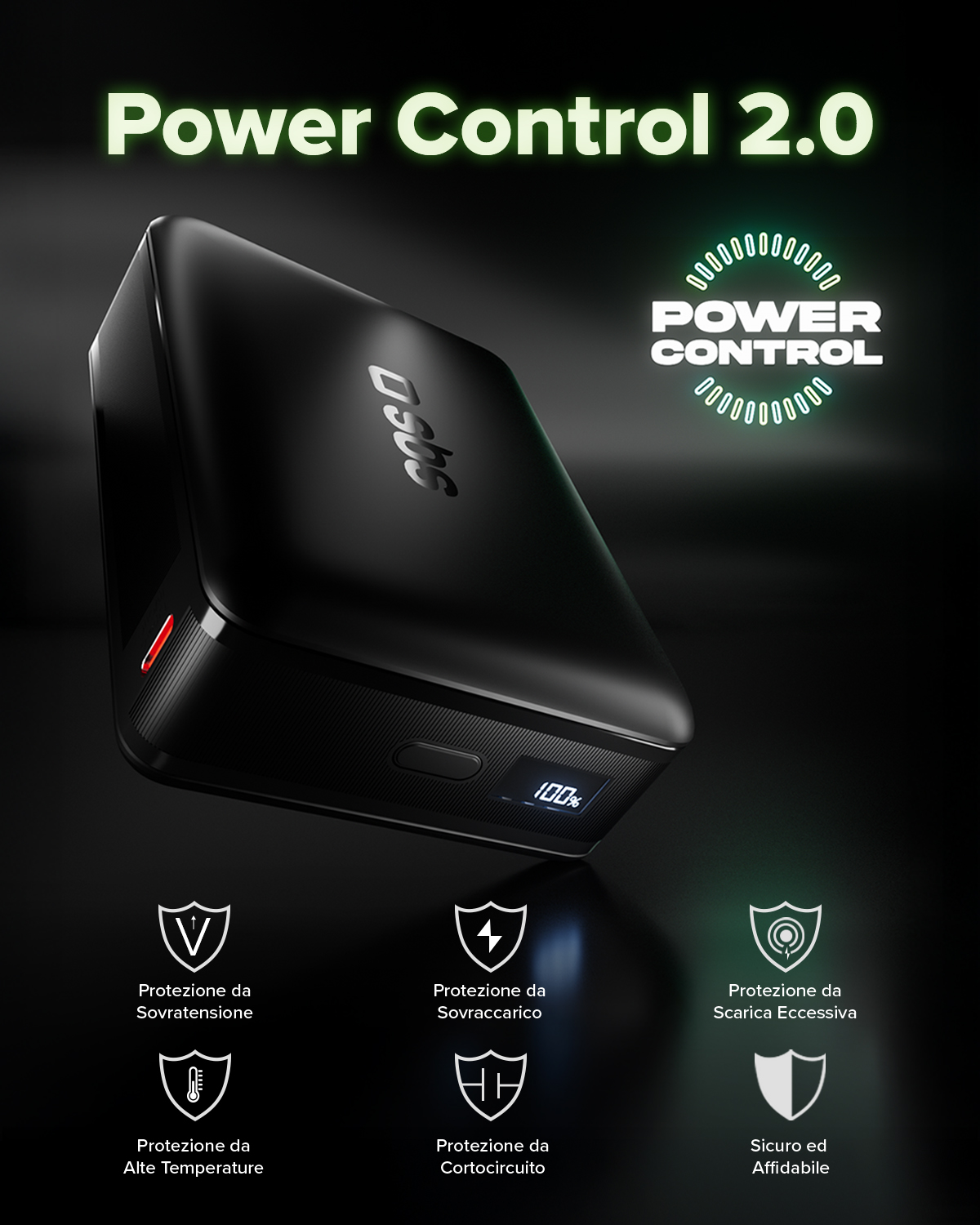 Power bank nero con carica al 100%, testo "Power Control 2.0".