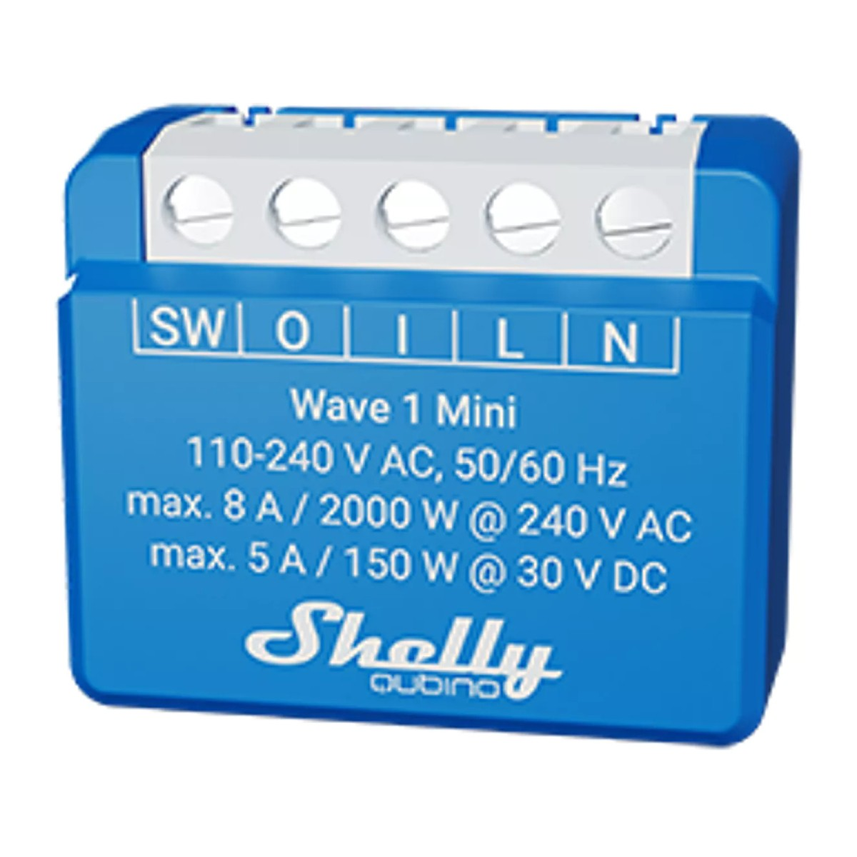 Un interruptor Shelly Wave 1 Mini azul con terminales de conexión y etiquetas.