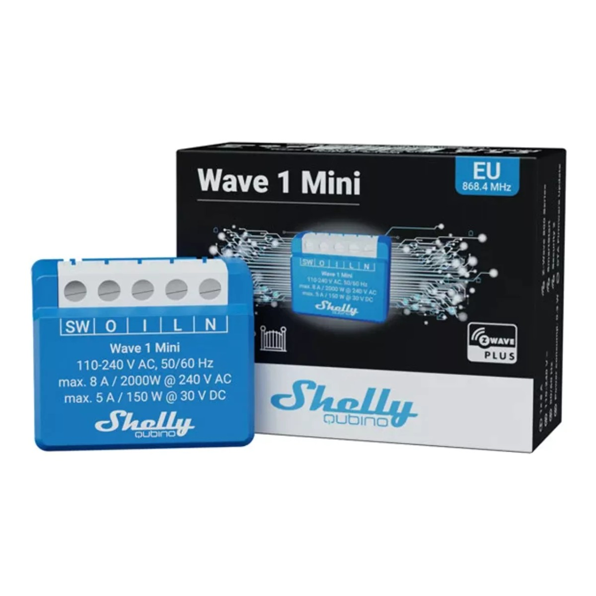 Un interruptor inteligente Shelly Wave 1 Mini azul y su embalaje.