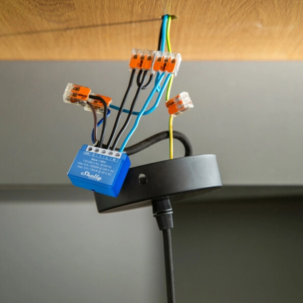 Un módulo Shelly Wave 1 Mini azul conectado con cables y conectores naranjas y azules.