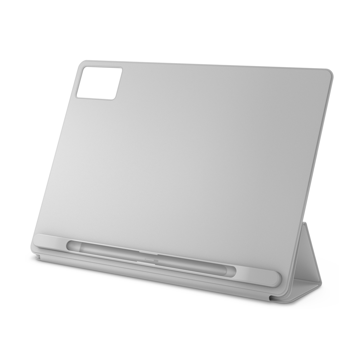 Graues Tablet mit Stifthalter und Ständer, isoliert auf Weiß.