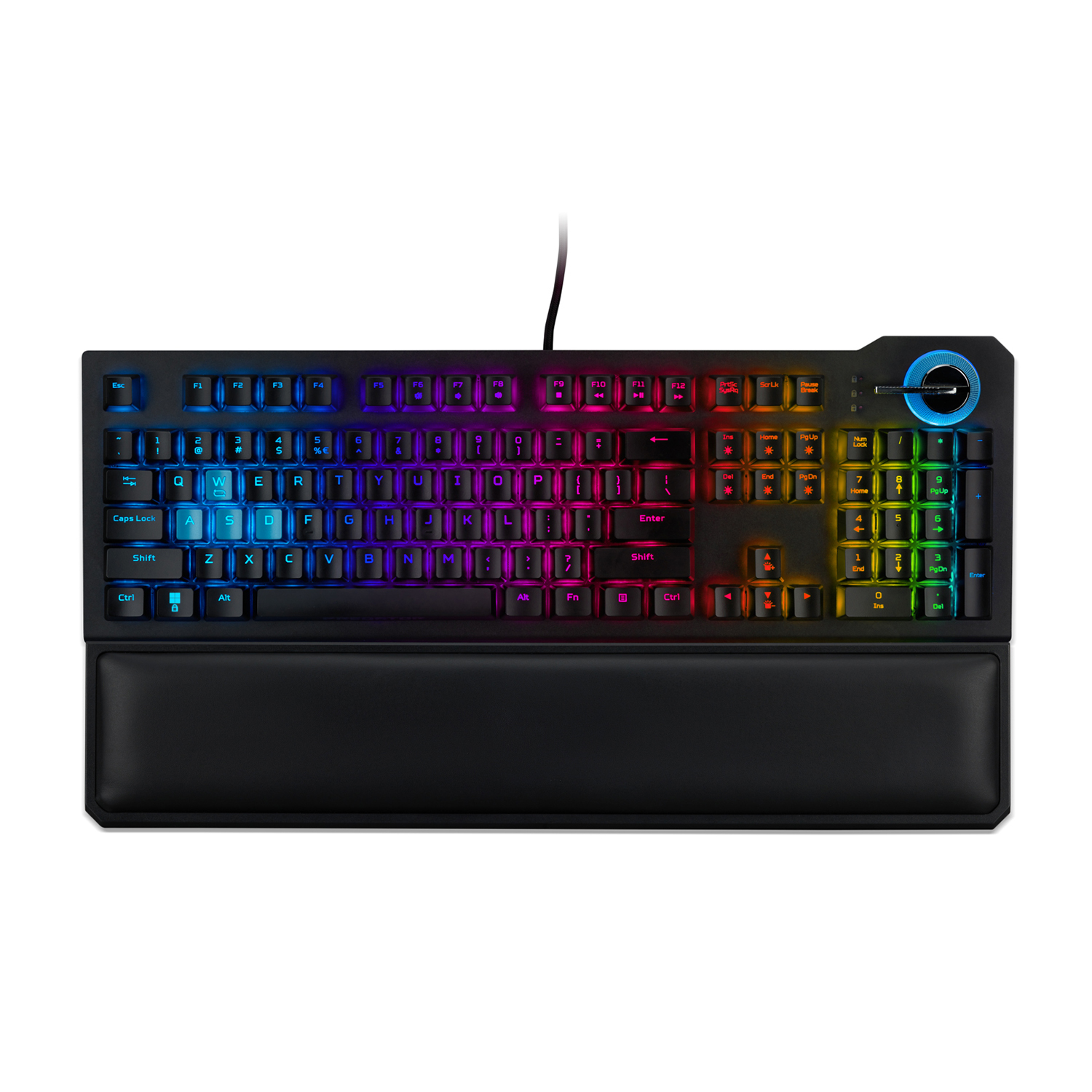 Una tastiera gaming nera con illuminazione RGB personalizzabile e poggiapolsi.