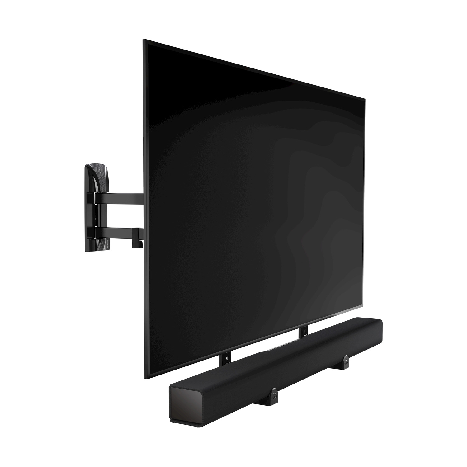 Un televisor de pantalla plana negro está montado en un soporte de pared. Una barra de sonido está debajo.
