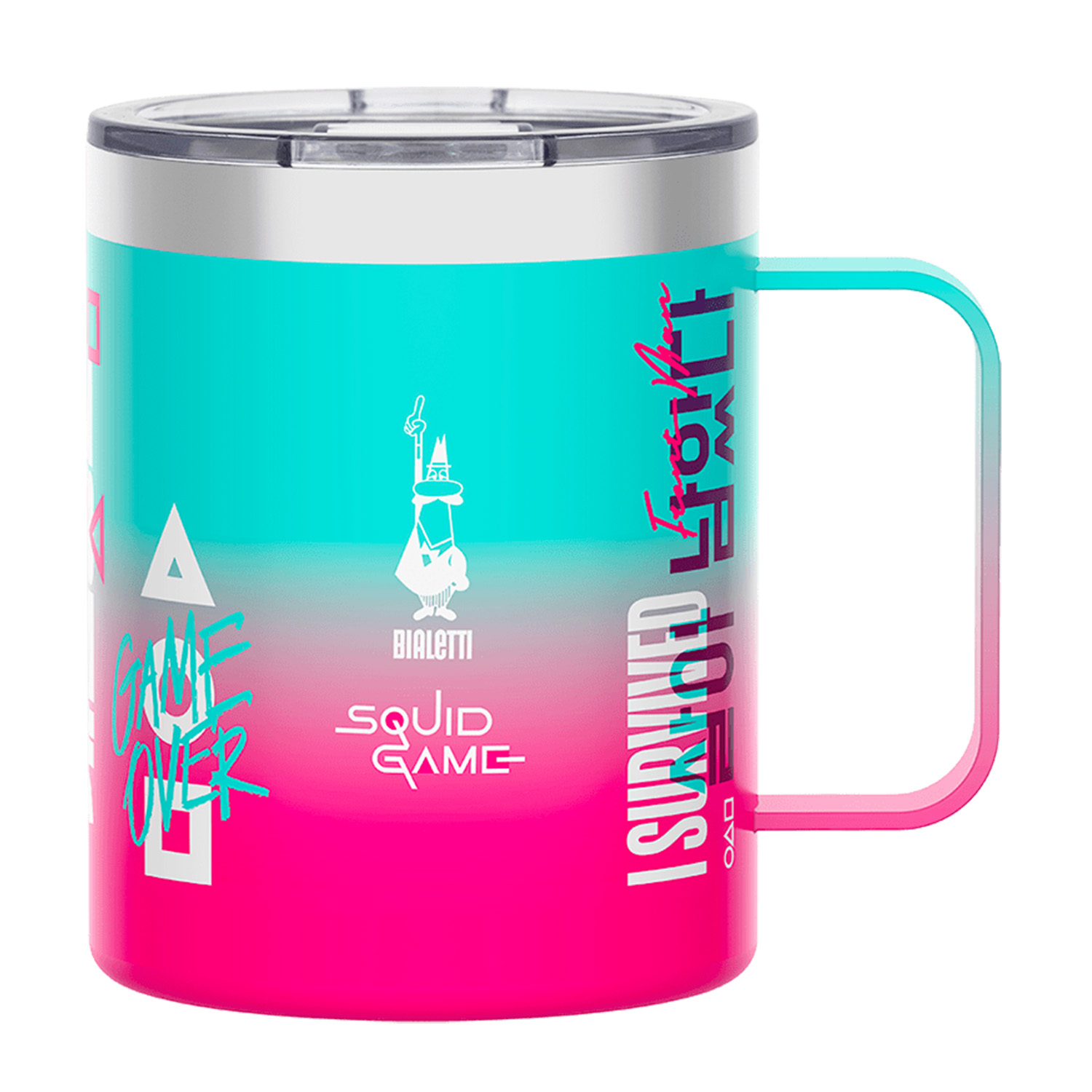Taza turquesa y rosa con logo "Squid Game" y texto "I survived".