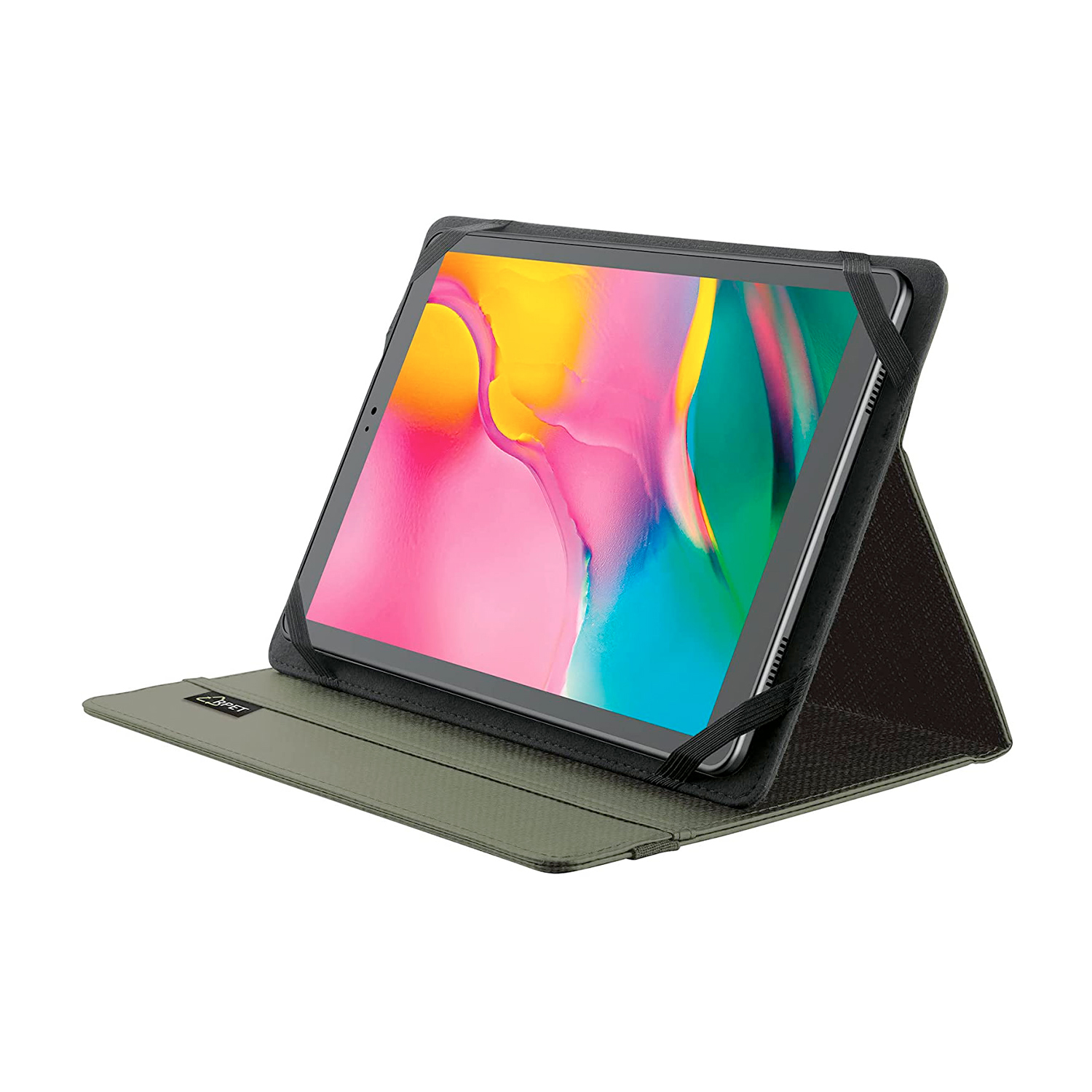 Ein Tablet in einer grünen Hülle, das aufrecht steht. Weißer Hintergrund.