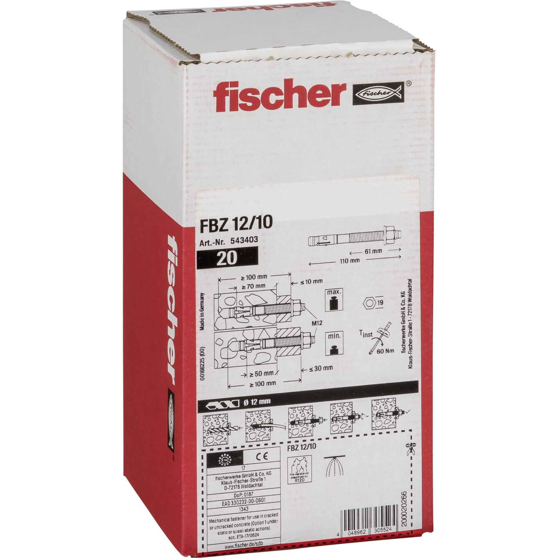 Scatola Fischer con logo, prodotto FBZ 12/10, dimensioni e guida installazione.