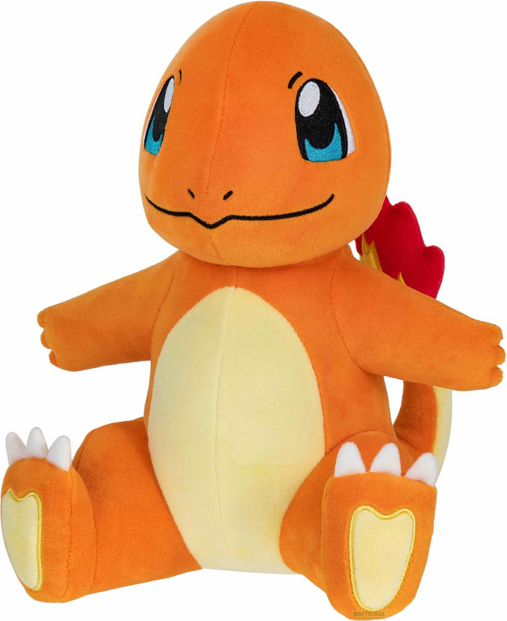 Ein orangefarbener Charmander-Plüsch sitzt, mit gelbem Bauch und rotem Schwanz.