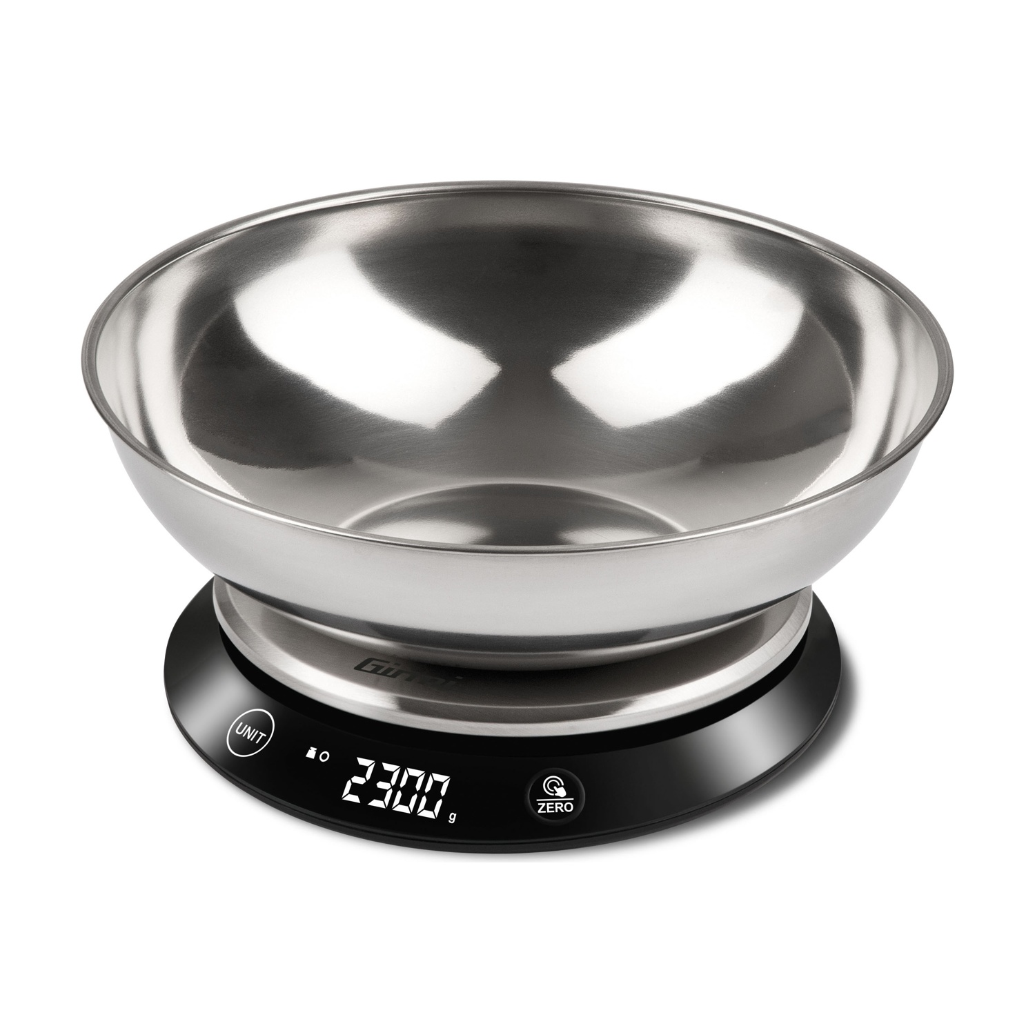 Bilancia da cucina digitale con ciotola in acciaio inox e base nera con display.