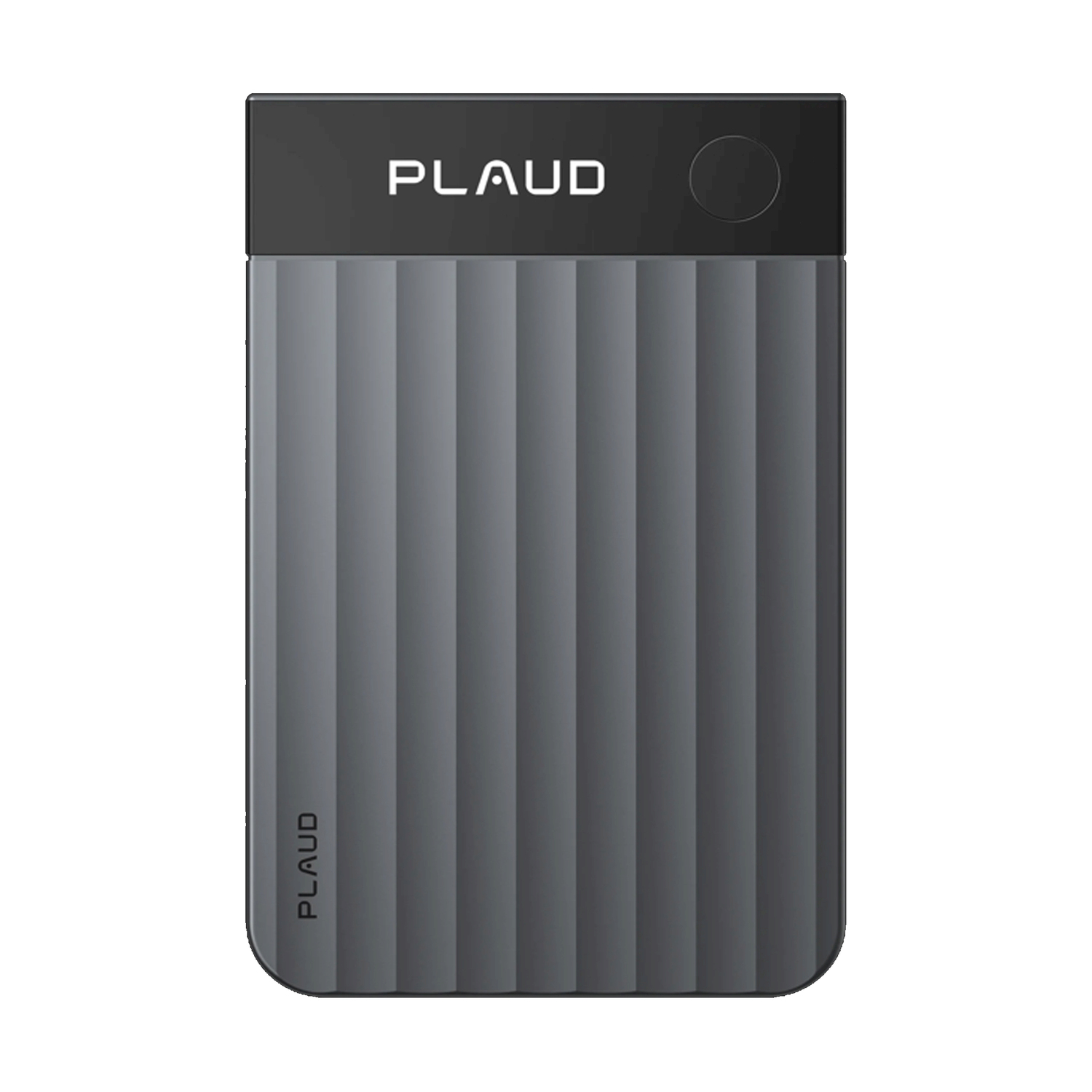 Dispositivo PLAUD grigio con scanalature verticali e logo.